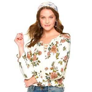 new American Rag Pintuck Peasant Top Floral Long Sleeved Peplum Blouse White